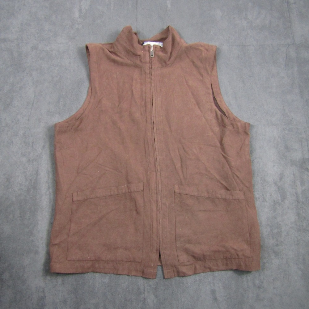 Sag Harbor Sport Vest Womens L Brown Faux Suede Full Zip Mock Neck Pockets